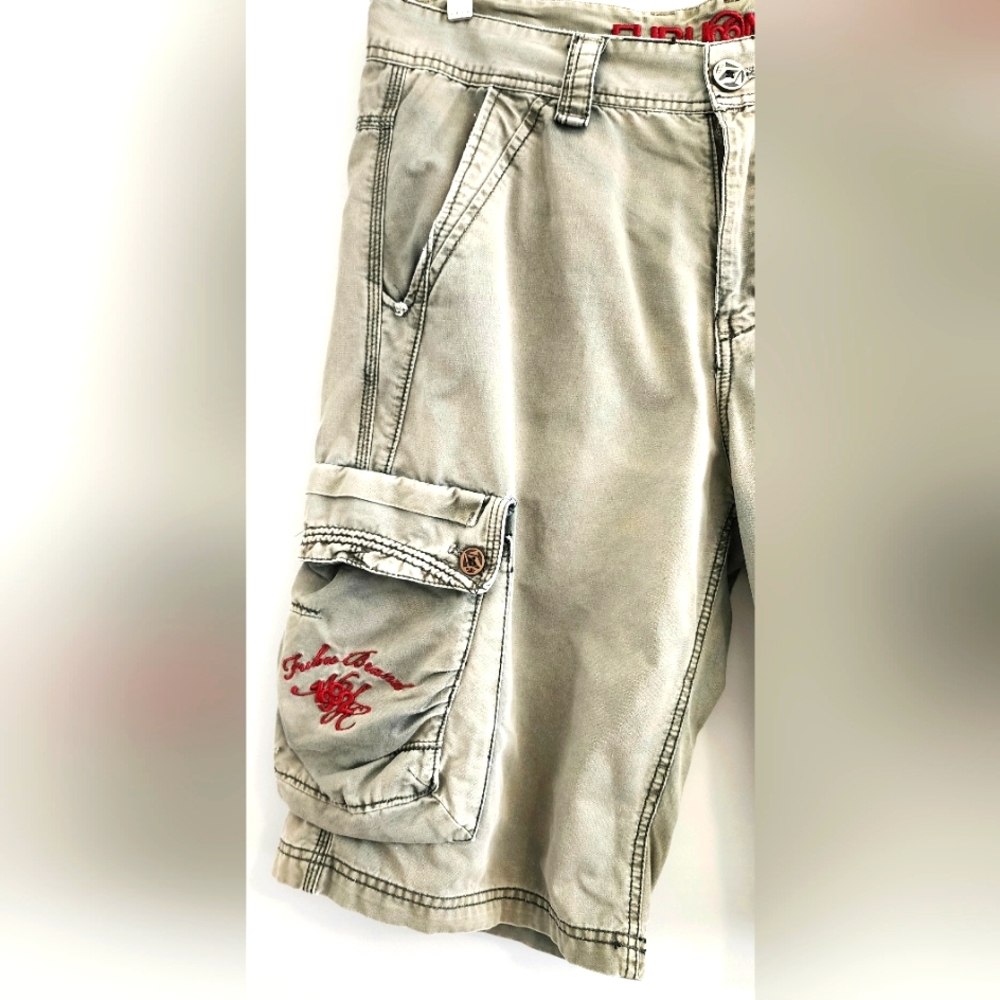FUBU Men Short Cargo Size 34 Grey Button Zipper Pockets Cotton - Picture 3 of 9